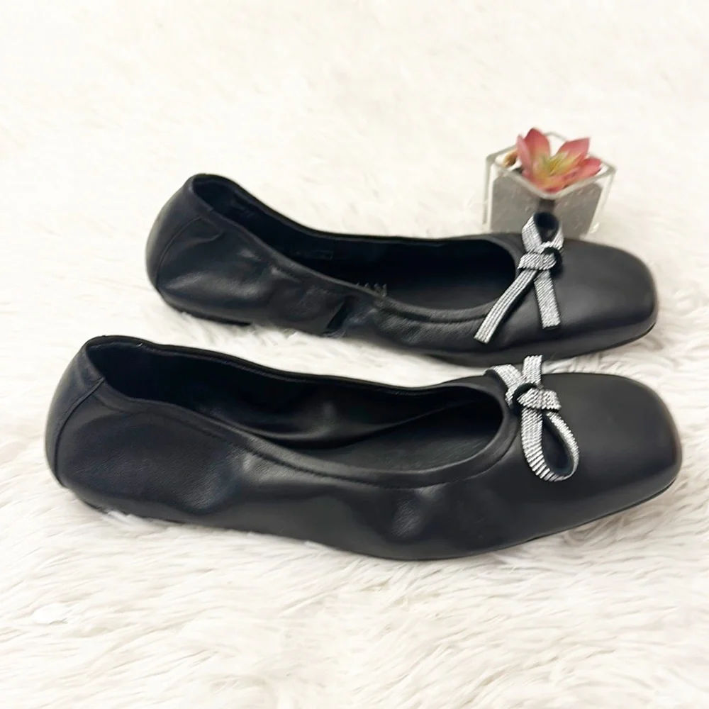 NEW Stuart Weitzman SW Bow ballerina black lamb skin leather flats women size 8
